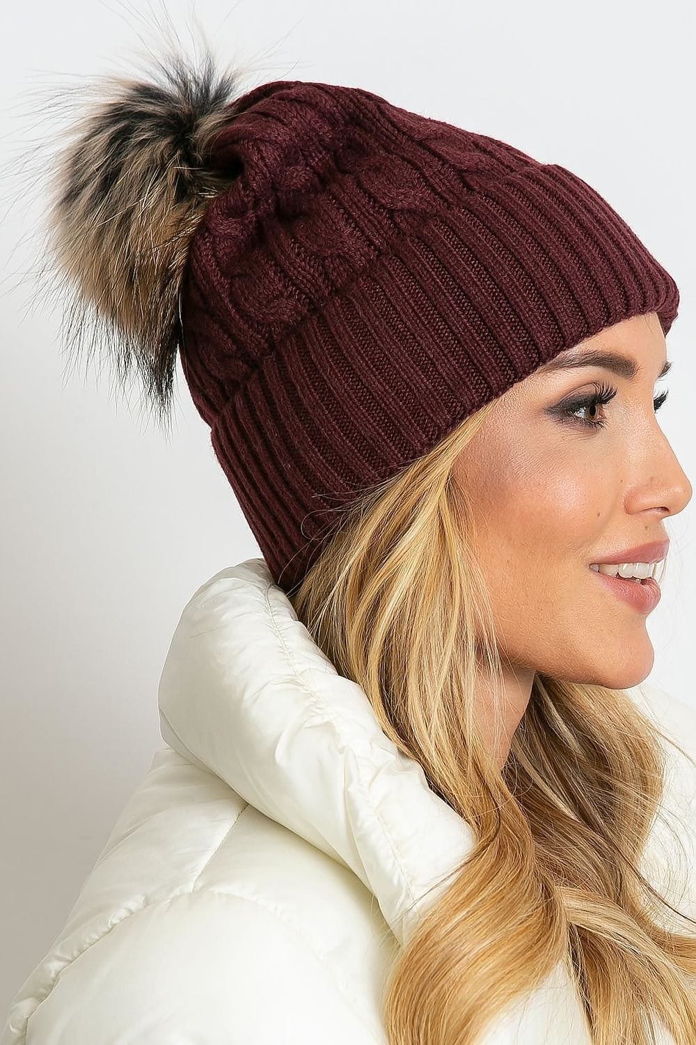 Women Winter Hat Wide Cuff Pom - ShalayeFashion