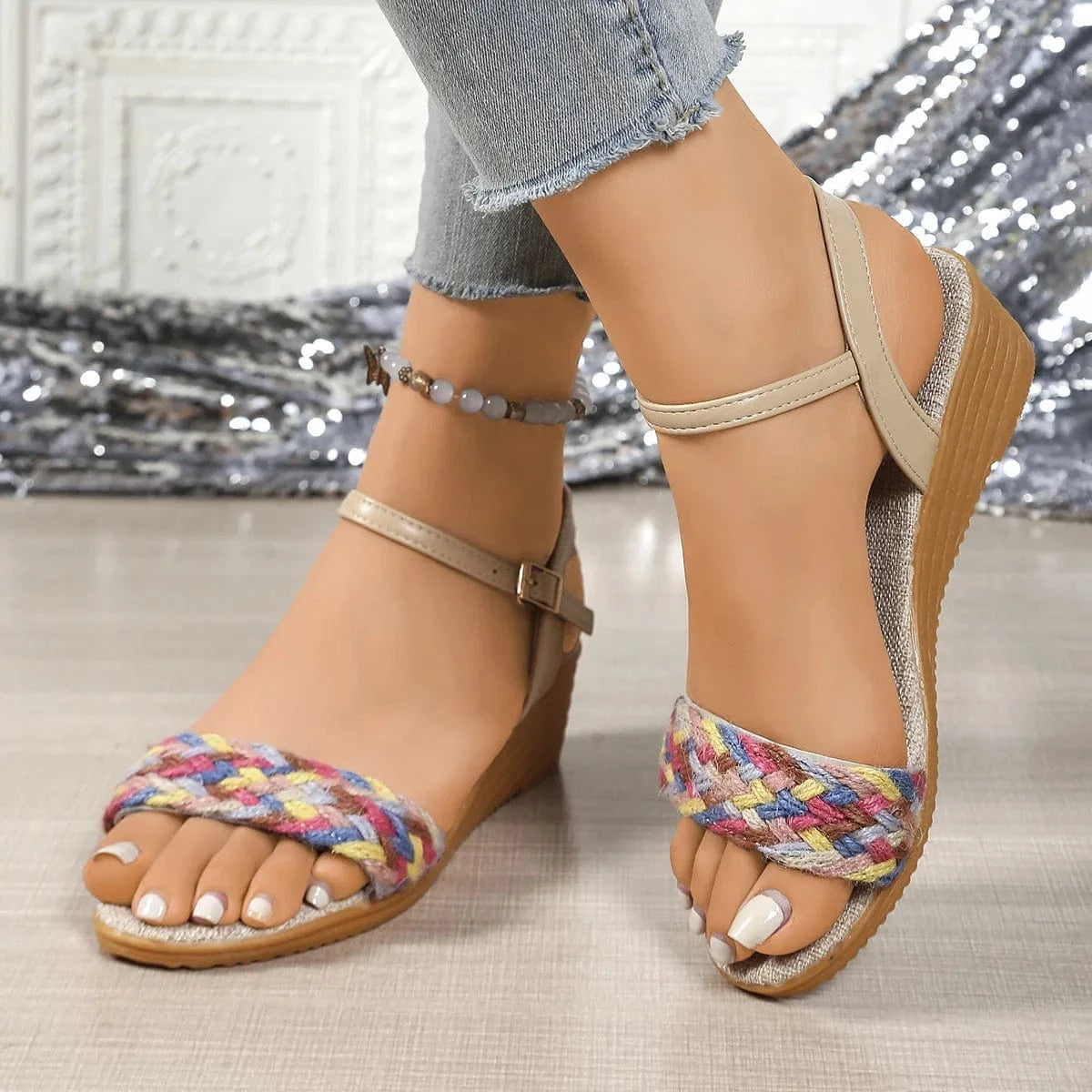 Women's Ankle Strap Wedge Sandals Low - ShalayeFashion