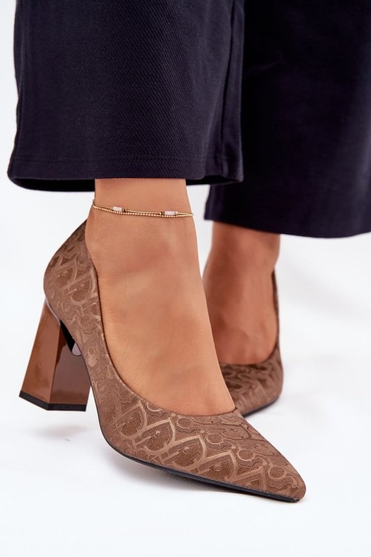 Women's Block Heel Pumps Embossed Pattern - ShalayeFashion