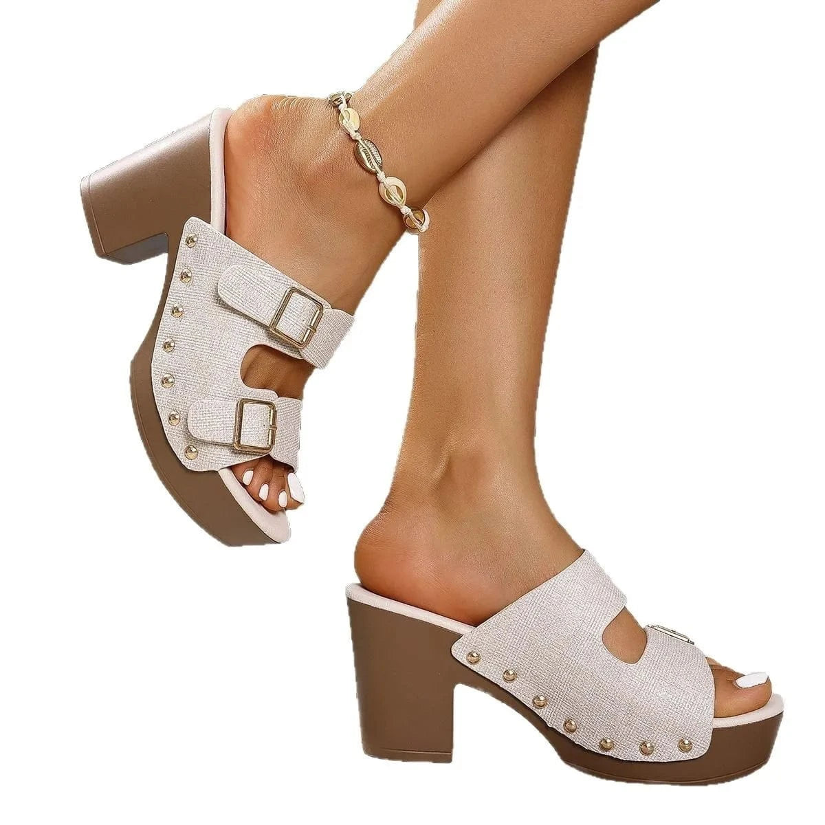 Women's Buckle Block Heels Sandals Mid - ShalayeFashion