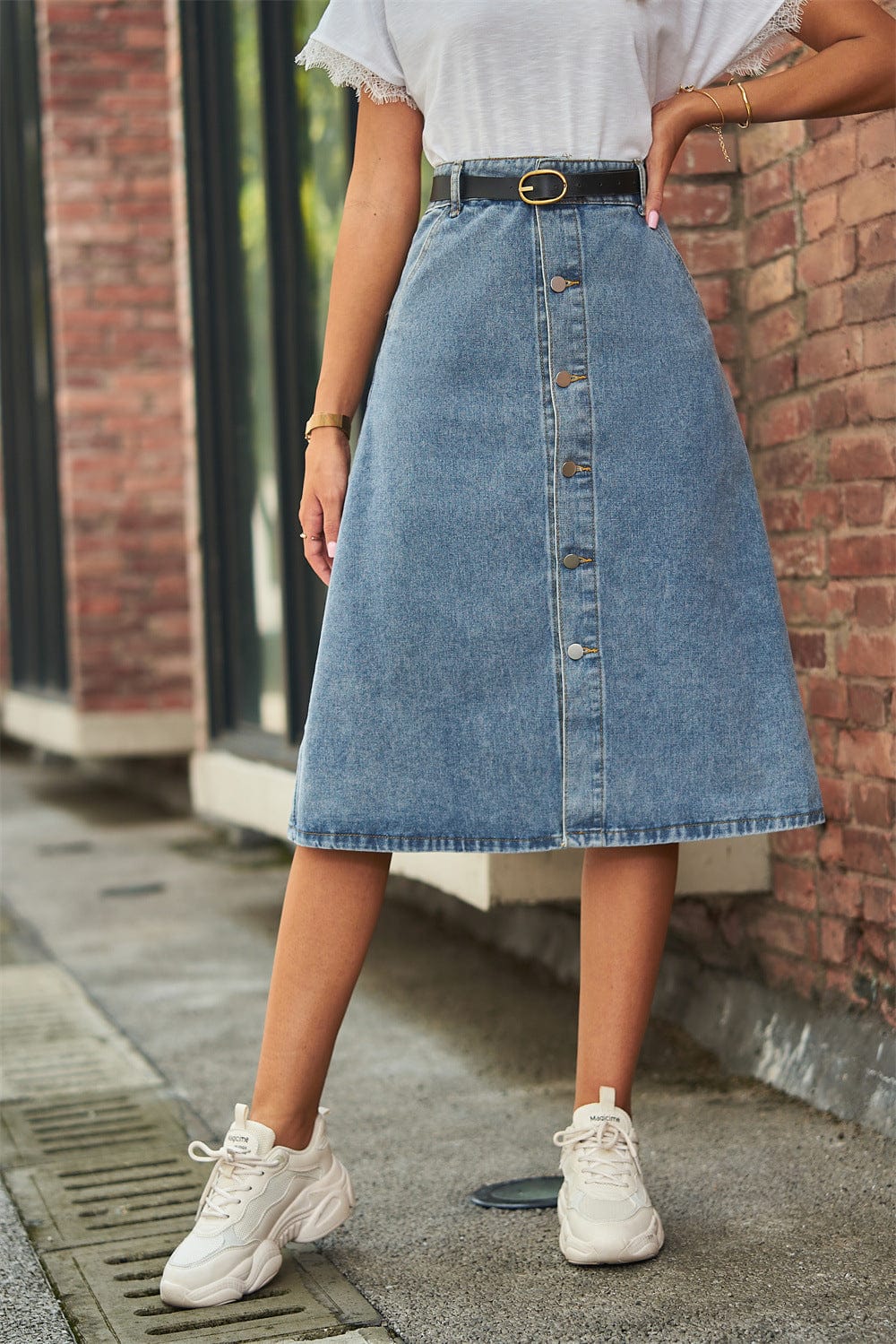 Women’s Button Front A - Line Jean Skirt - ShalayeFashion