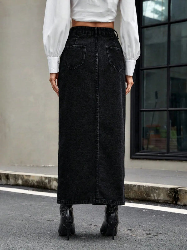 Women’s Button Front Denim Midi Skirt - ShalayeFashion
