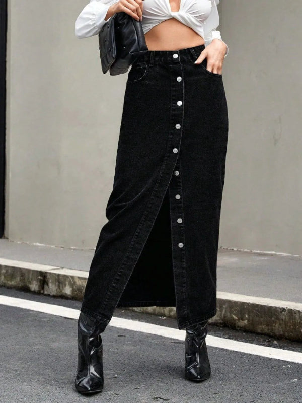 Women’s Button Front Denim Midi Skirt - ShalayeFashion