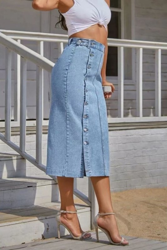 Women’s Buttoned Split Denim Midi Skirt - ShalayeFashion