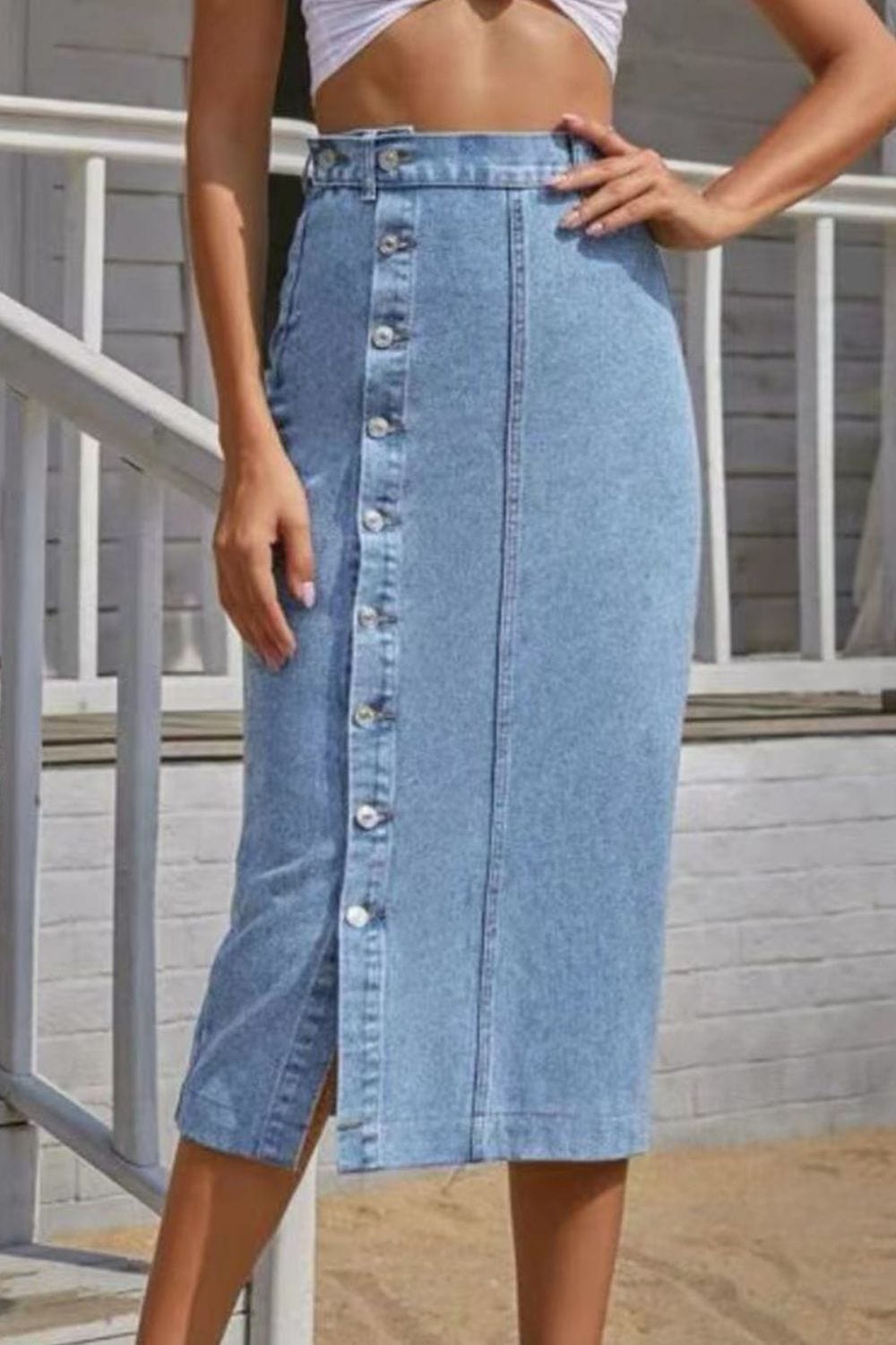 Women’s Buttoned Split Denim Midi Skirt - ShalayeFashion