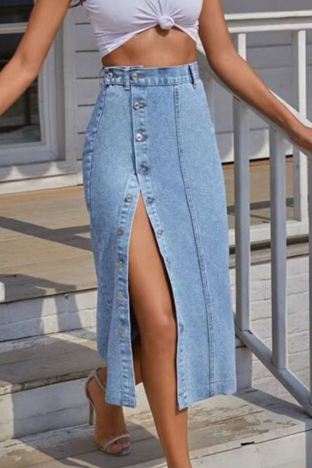 Women’s Buttoned Split Denim Midi Skirt - ShalayeFashion