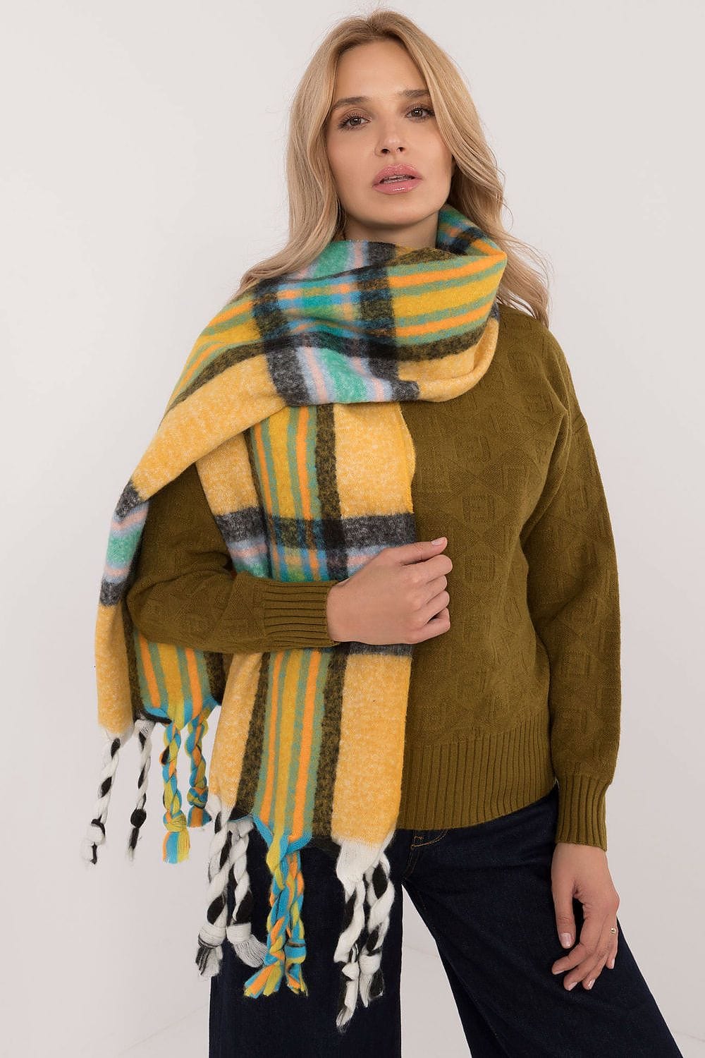 Women's Check Pattern Polyester Scarf Tassels 182cm - ShalayeFashion
