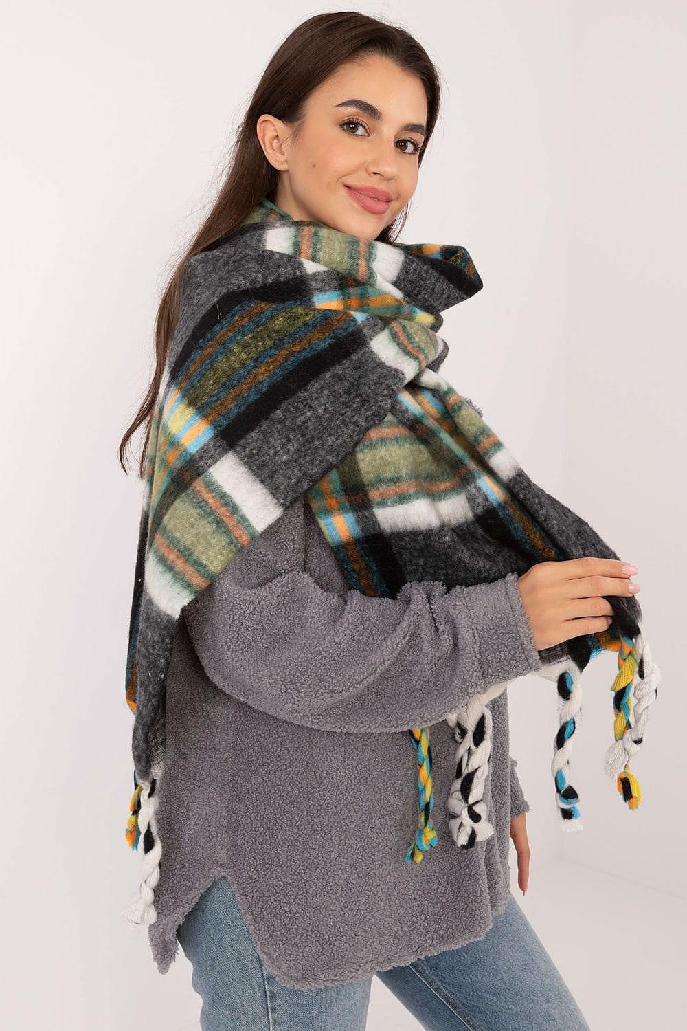 Women's Check Pattern Polyester Scarf Tassels 182cm - ShalayeFashion