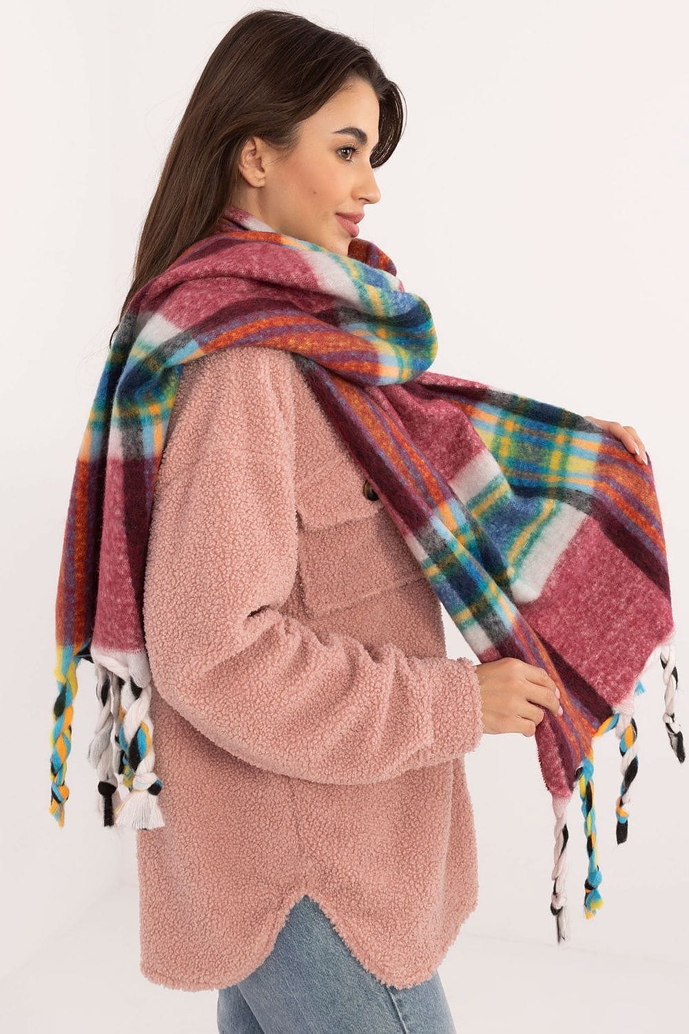 Women's Check Pattern Polyester Scarf Tassels 182cm - ShalayeFashion