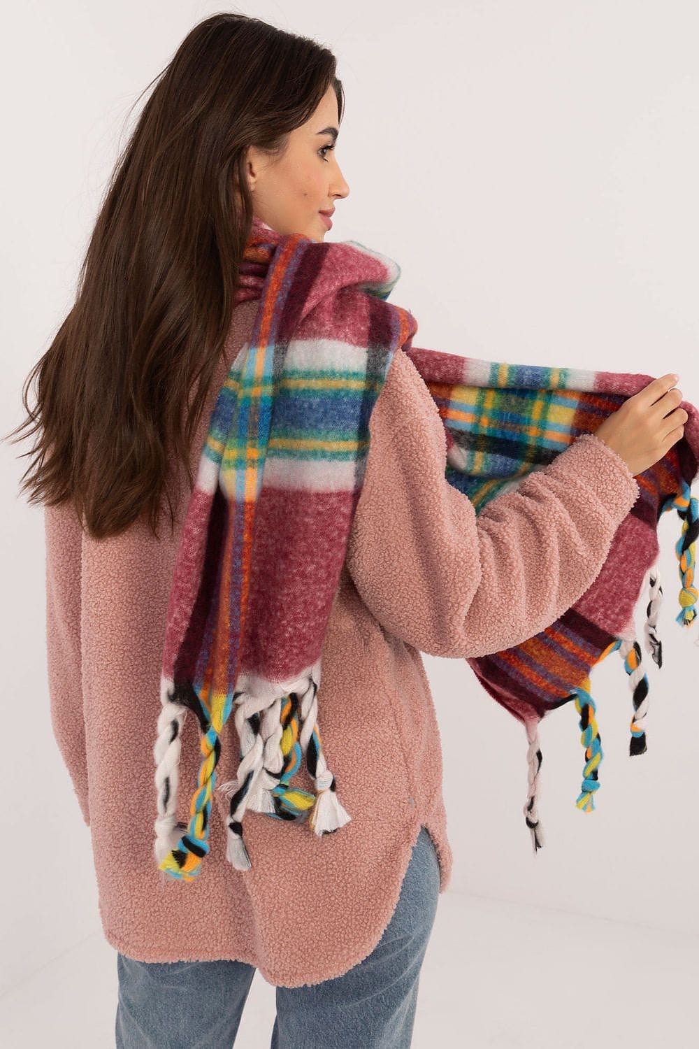 Women's Check Pattern Polyester Scarf Tassels 182cm - ShalayeFashion