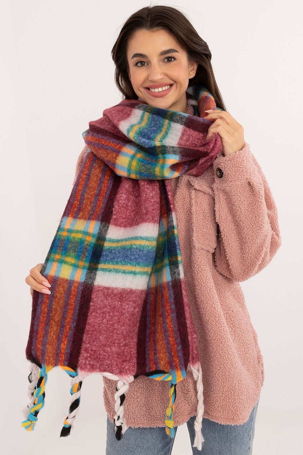 Women's Check Pattern Polyester Scarf Tassels 182cm - ShalayeFashion