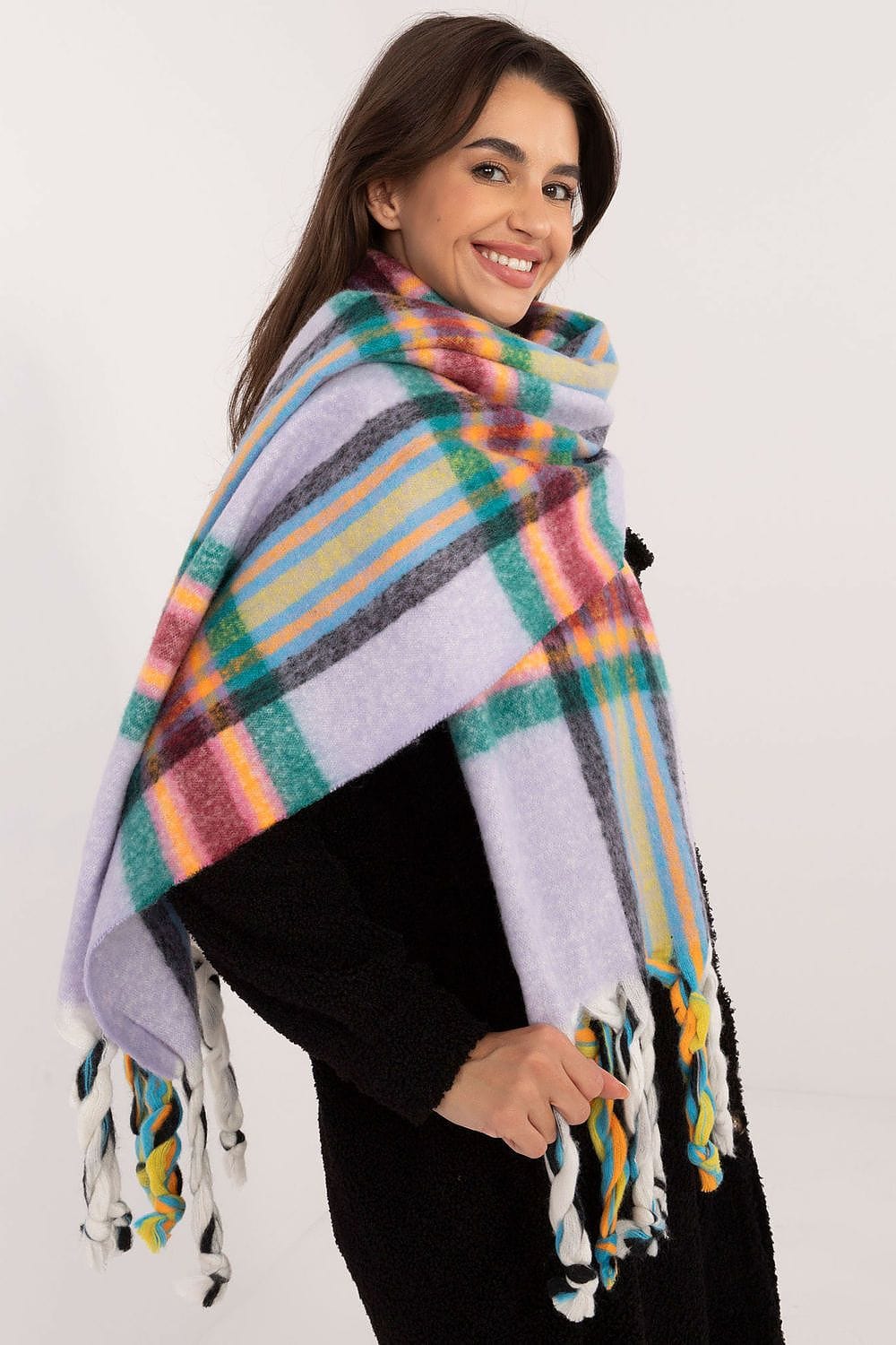 Women's Check Pattern Polyester Scarf Tassels 182cm - ShalayeFashion