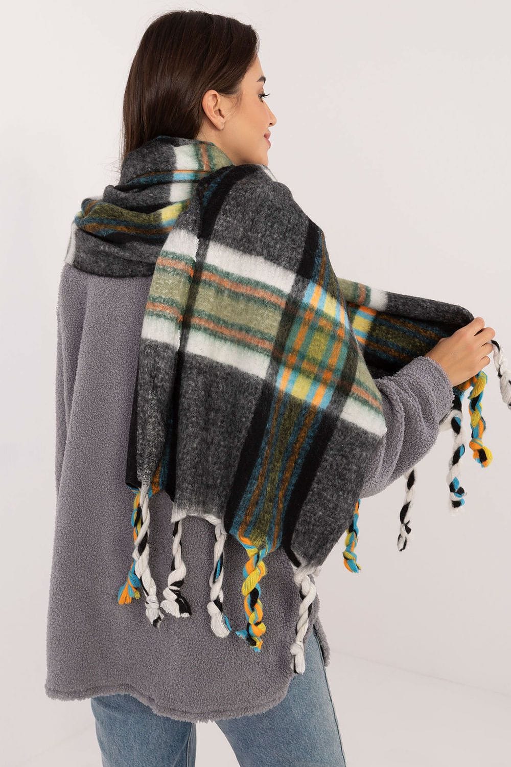Women's Check Pattern Polyester Scarf Tassels 182cm - ShalayeFashion