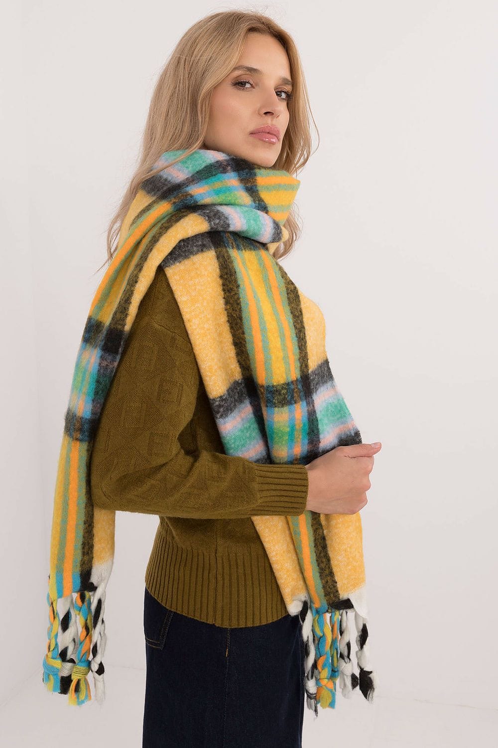 Women's Check Pattern Polyester Scarf Tassels 182cm - ShalayeFashion