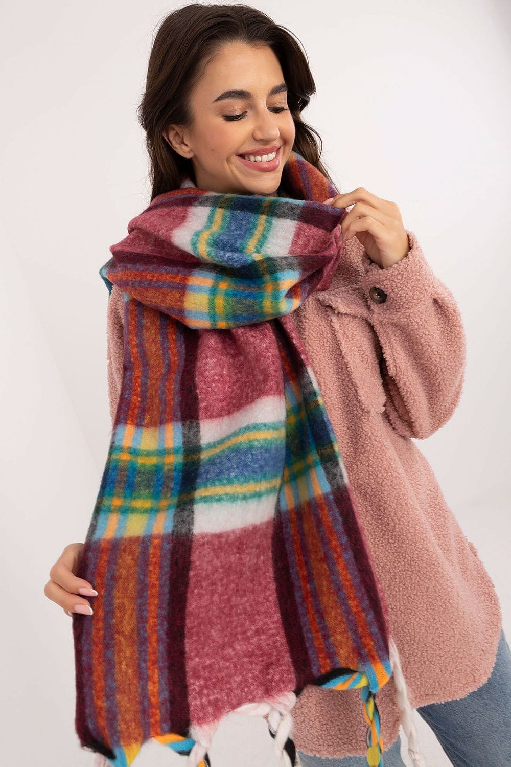 Women's Check Pattern Polyester Scarf Tassels 182cm - ShalayeFashion