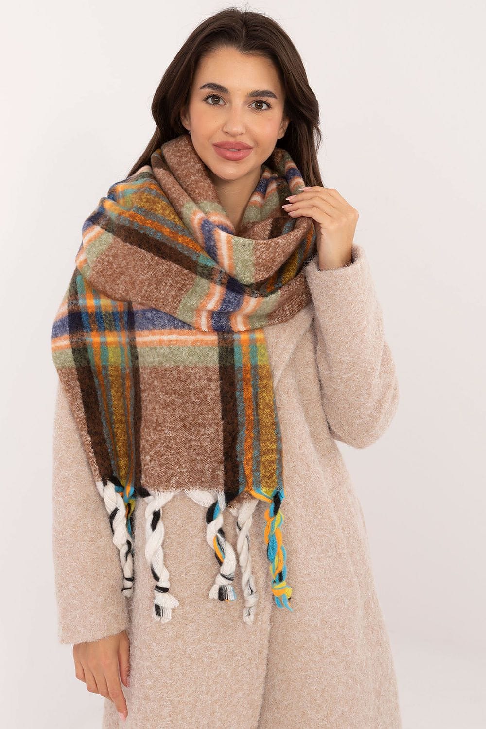 Women's Check Pattern Polyester Scarf Tassels 182cm - ShalayeFashion