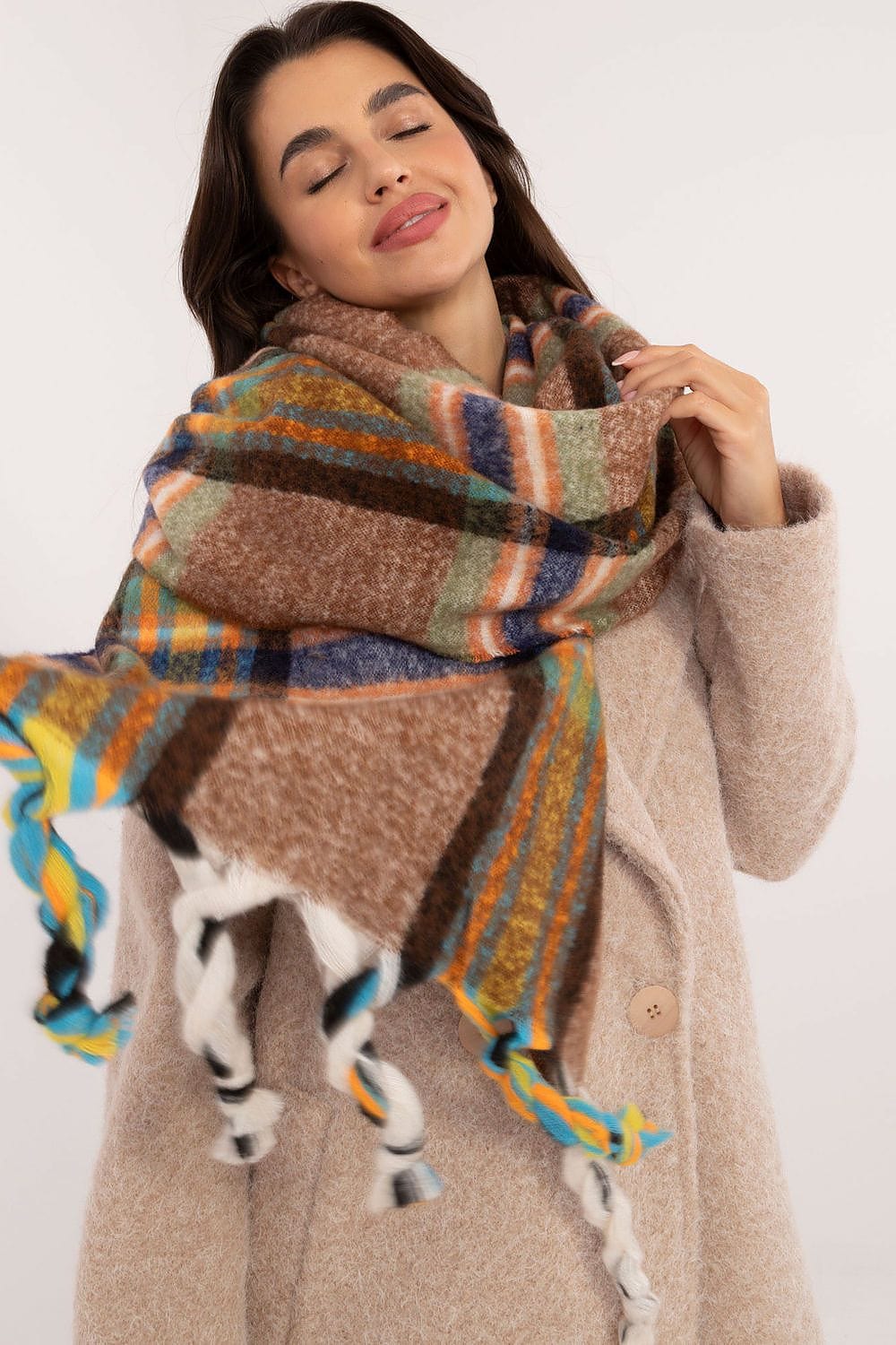 Women's Check Pattern Polyester Scarf Tassels 182cm - ShalayeFashion