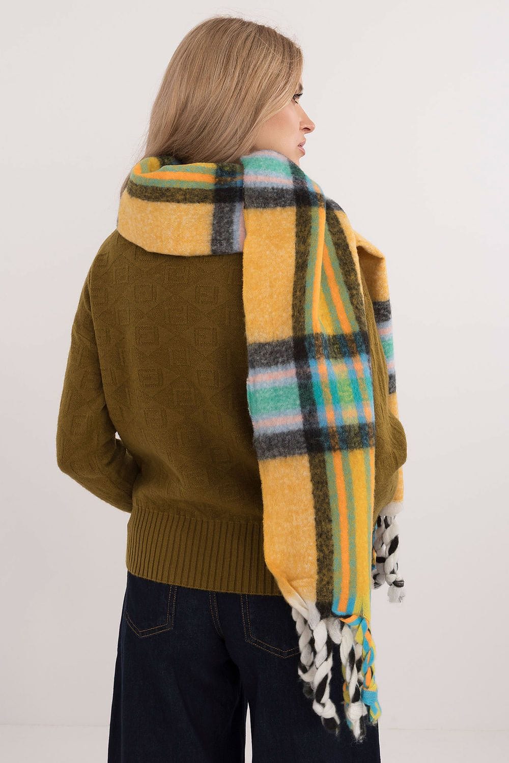 Women's Check Pattern Polyester Scarf Tassels 182cm - ShalayeFashion