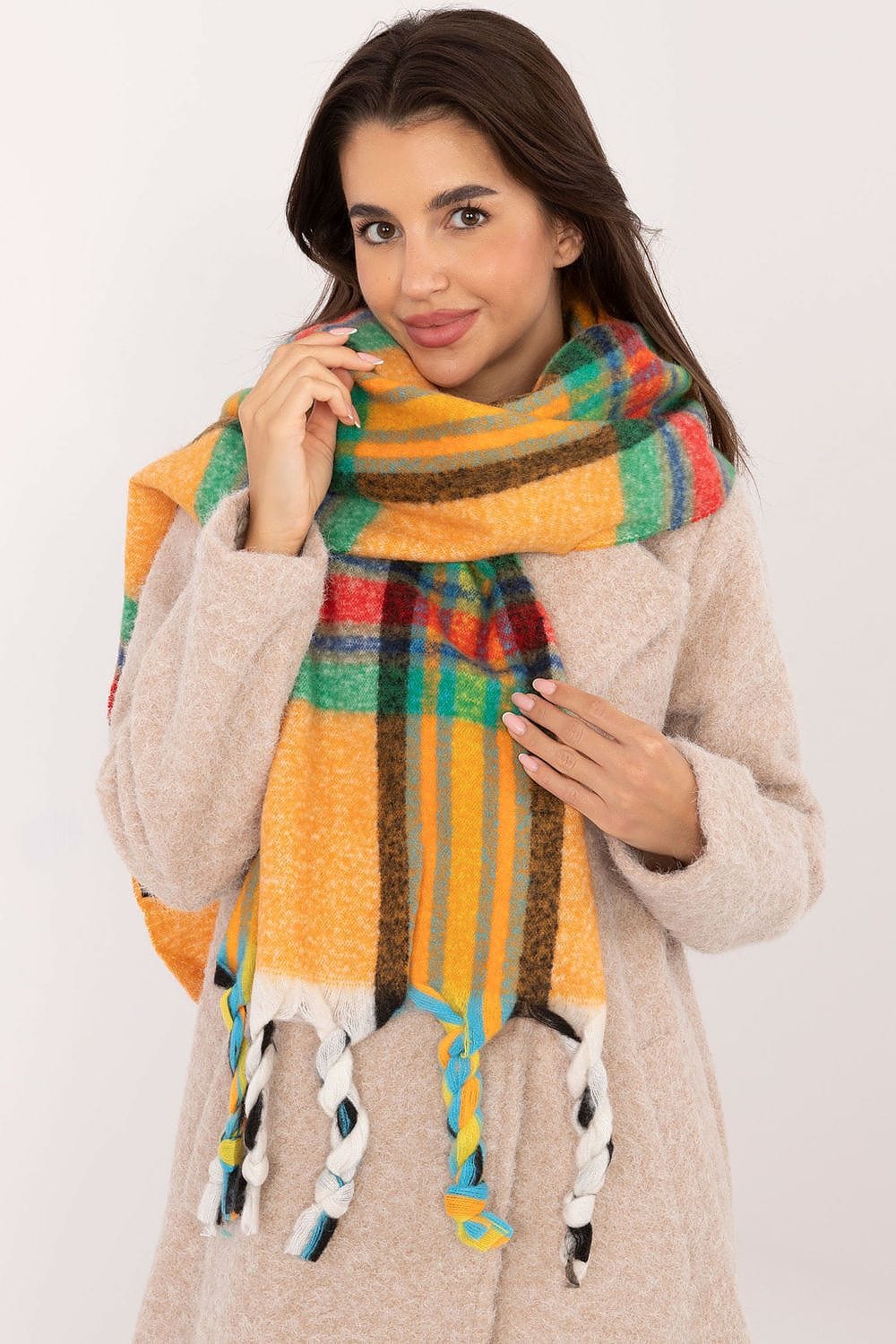Women's Check Pattern Polyester Scarf Tassels 182cm - ShalayeFashion