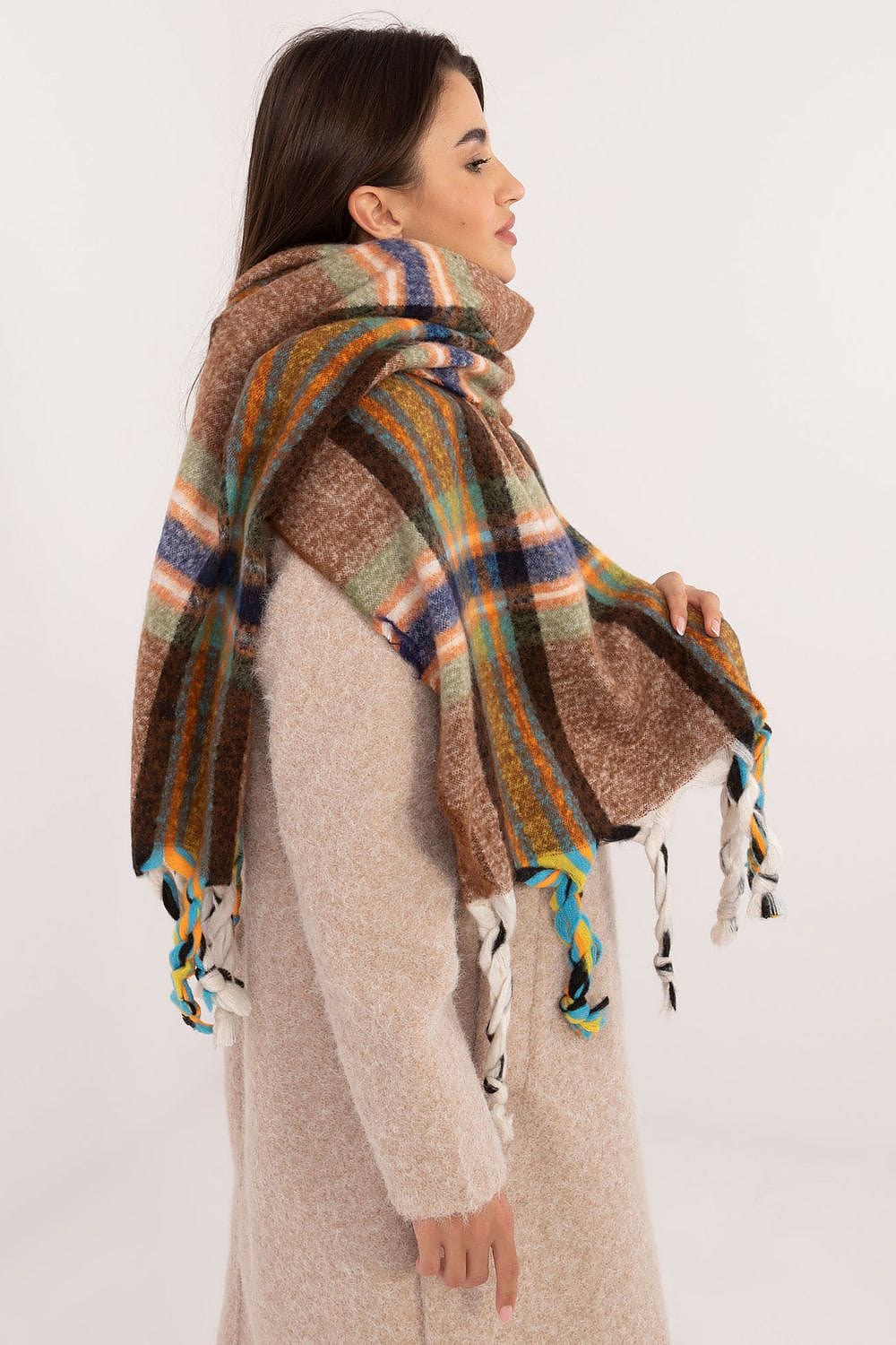 Women's Check Pattern Polyester Scarf Tassels 182cm - ShalayeFashion