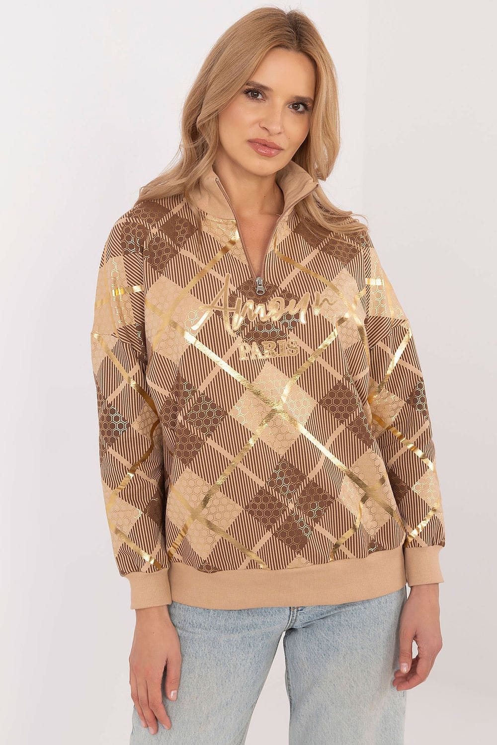Women’s Checked Zip Collar Sweatshirt - ShalayeFashion
