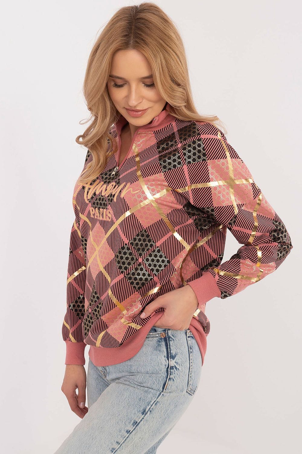 Women’s Checked Zip Collar Sweatshirt - ShalayeFashion