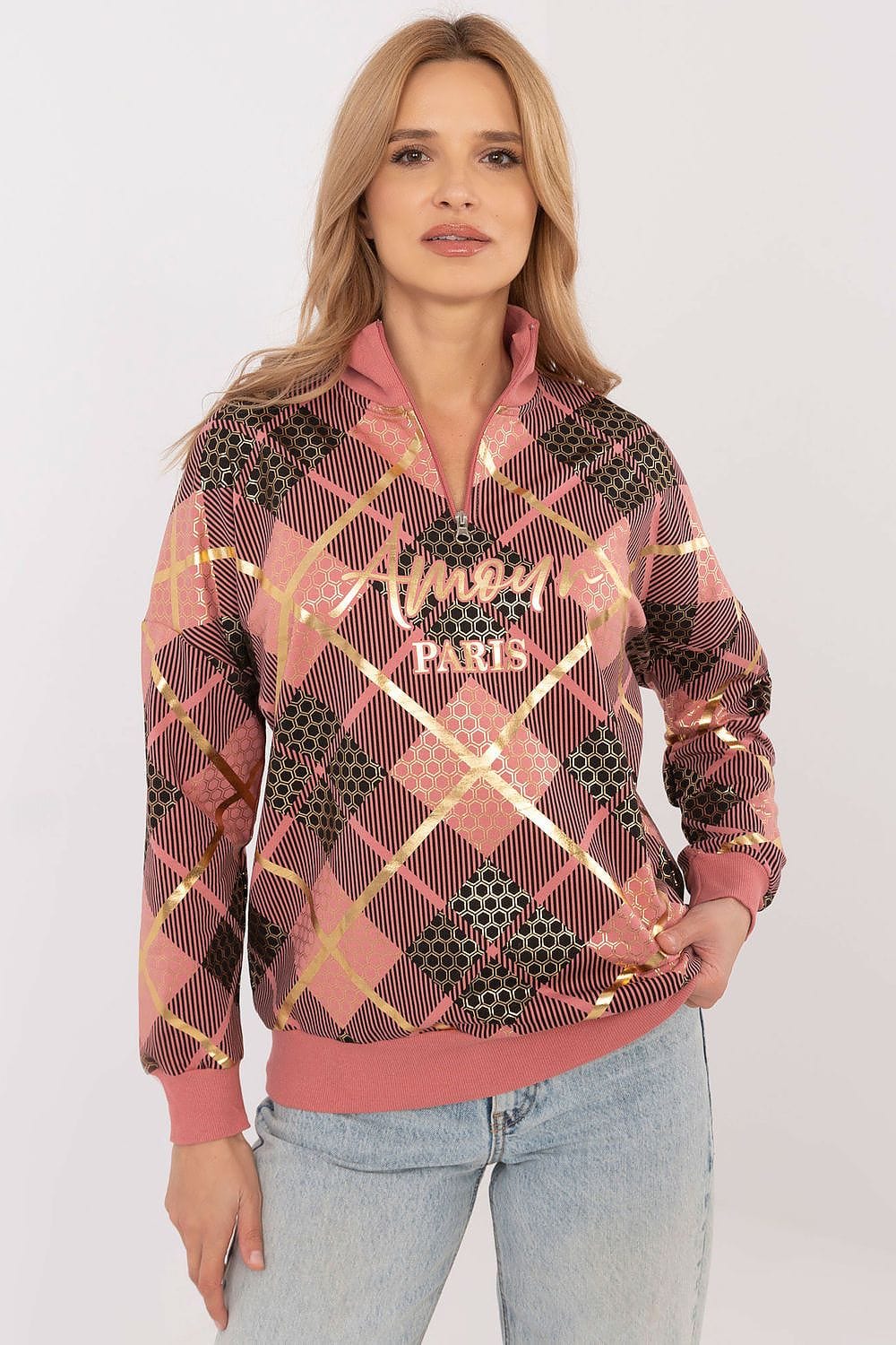 Women’s Checked Zip Collar Sweatshirt - ShalayeFashion