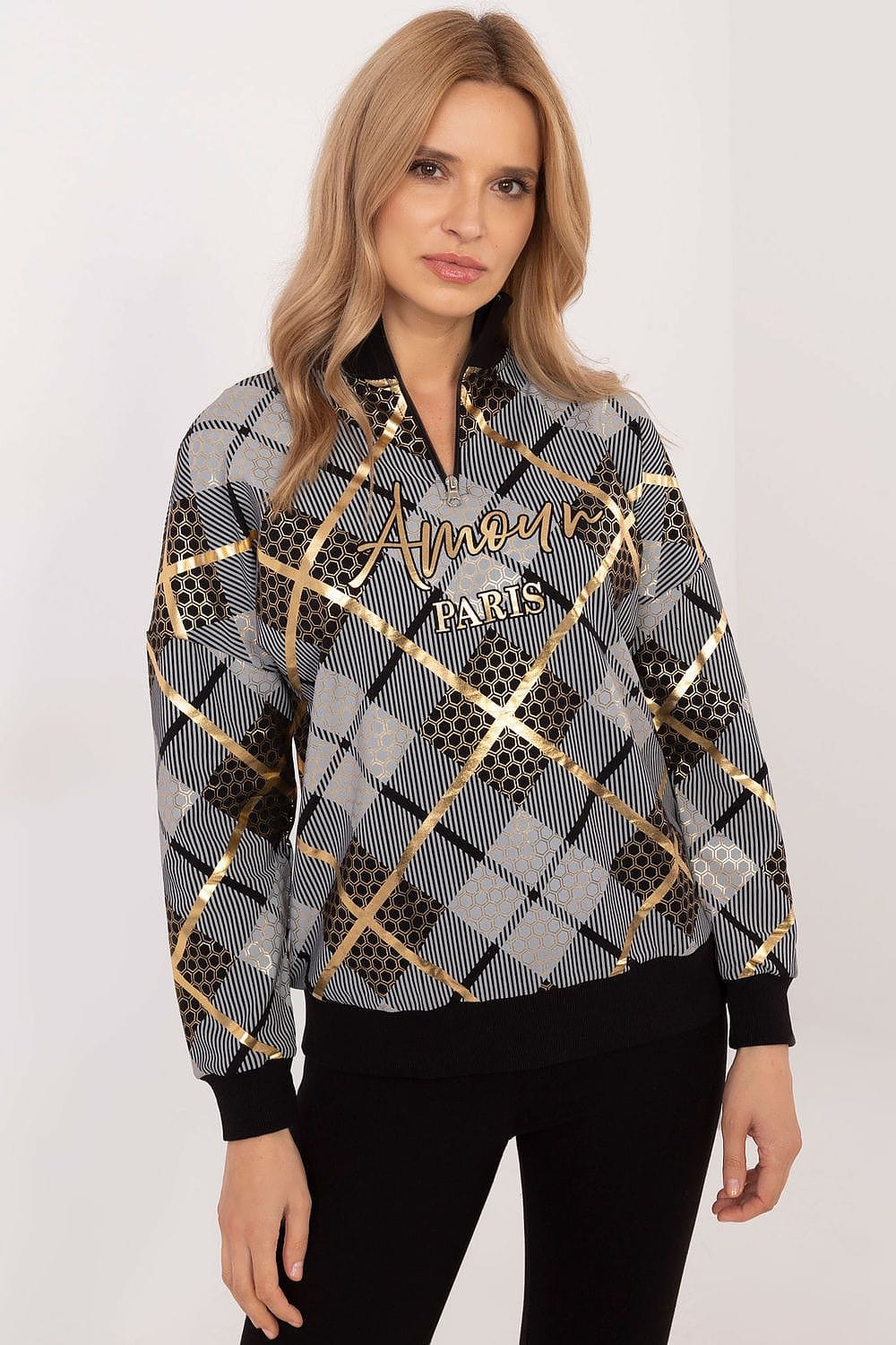 Women’s Checked Zip Collar Sweatshirt - ShalayeFashion
