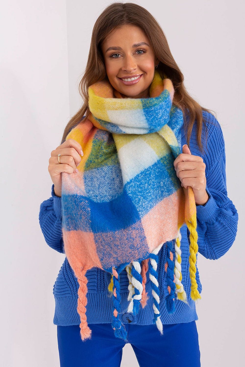 Women's Colorful Plaid Scarf Tassels Stylish - ShalayeFashion