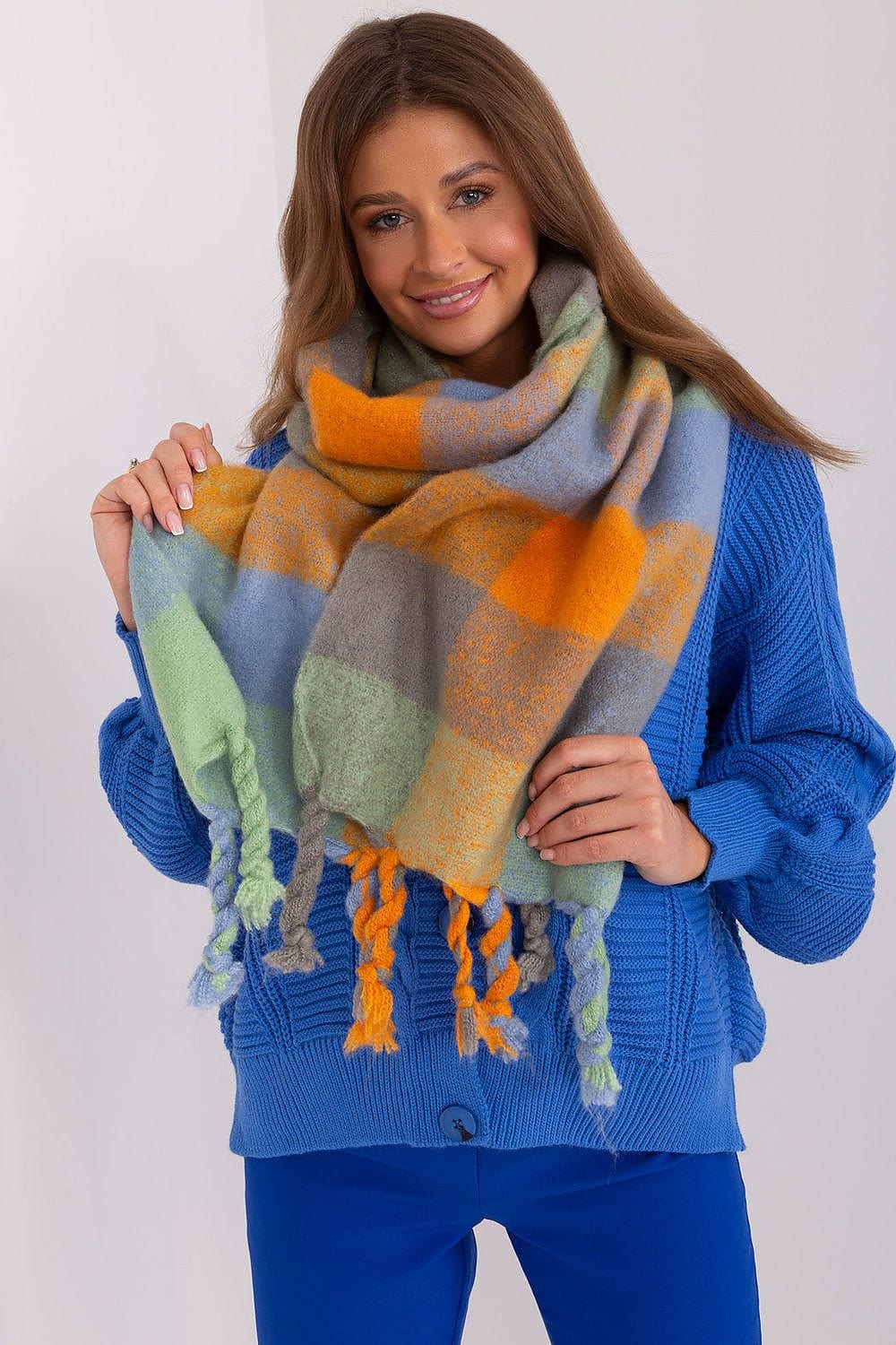 Women's Colorful Plaid Scarf Tassels Stylish - ShalayeFashion