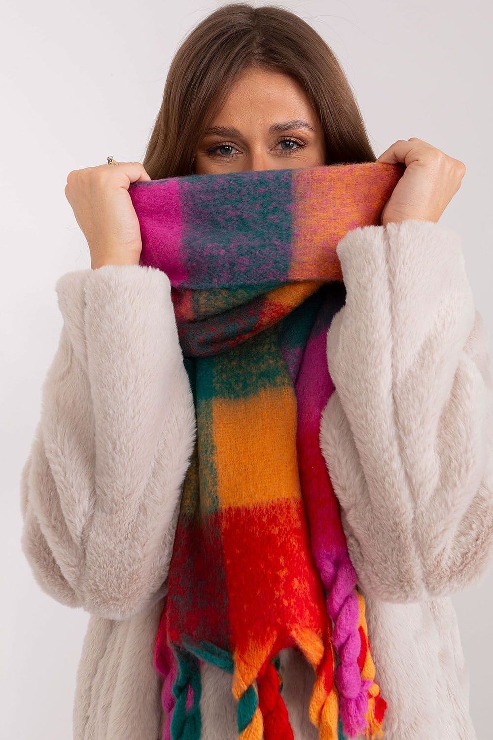 Women's Colorful Plaid Scarf Tassels Stylish - ShalayeFashion