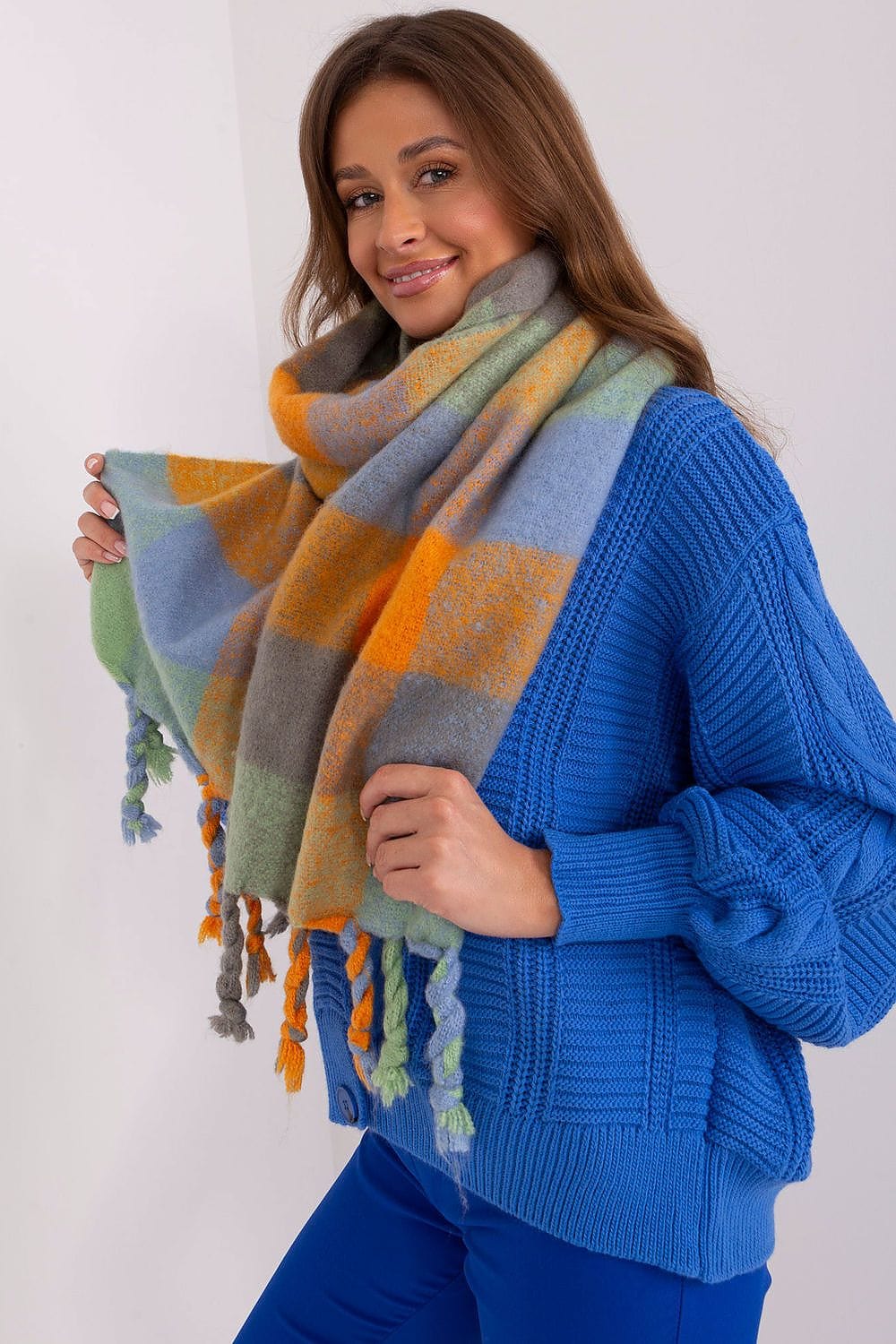 Women's Colorful Plaid Scarf Tassels Stylish - ShalayeFashion