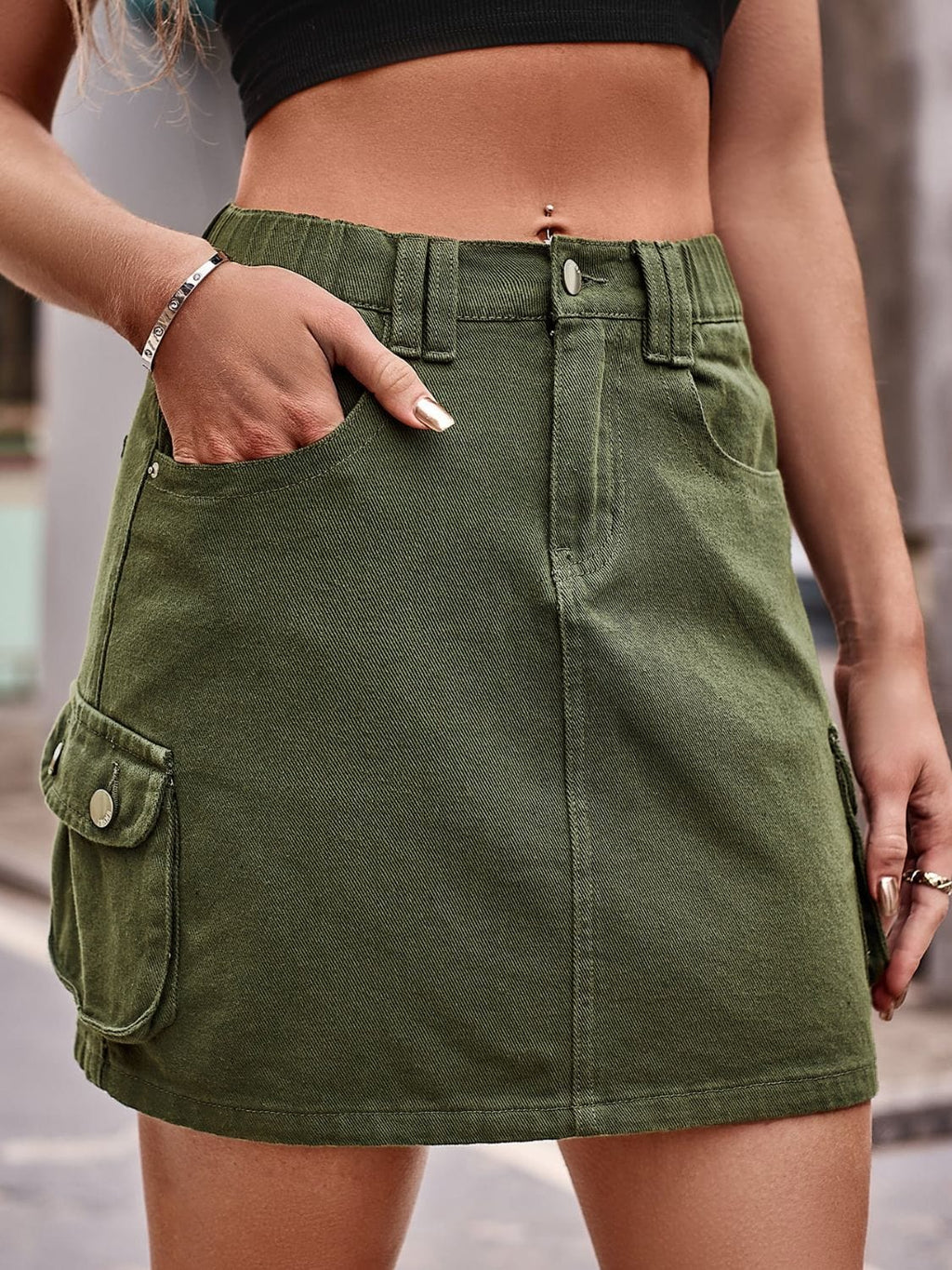 Women’s Denim Mini Skirt with Pockets - ShalayeFashion