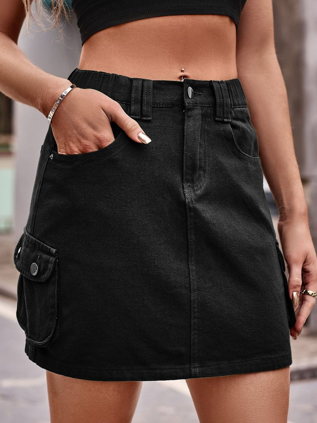 Women’s Denim Mini Skirt with Pockets - ShalayeFashion