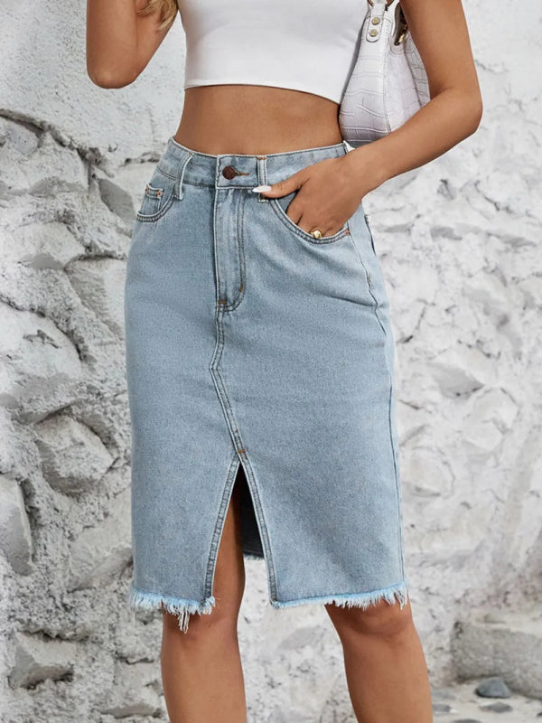 Women’s Distressed Raw Hem Jean Skirt - ShalayeFashion