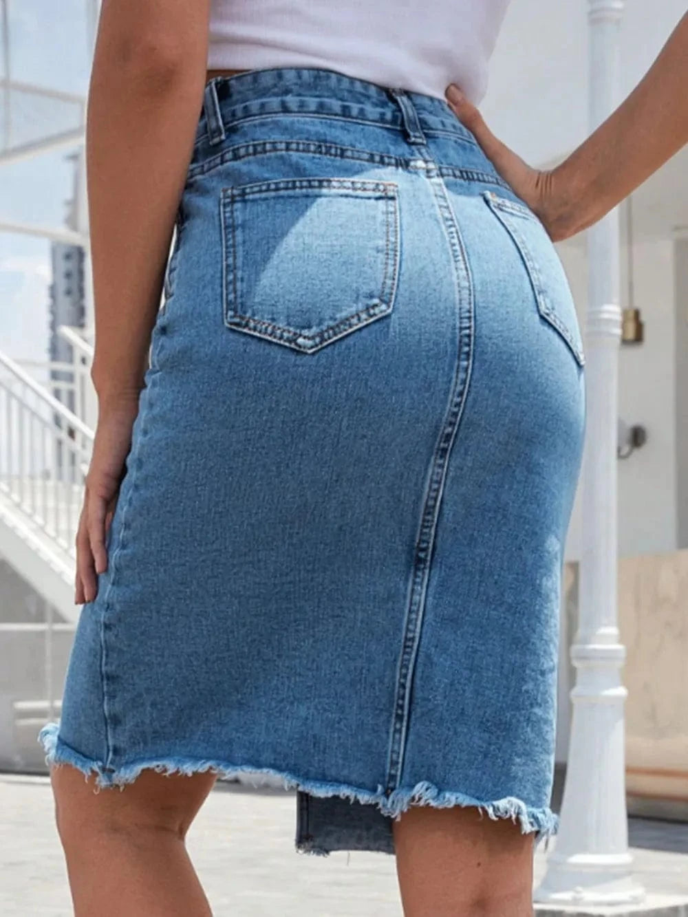 Women’s Distressed Raw Hem Jean Skirt - ShalayeFashion
