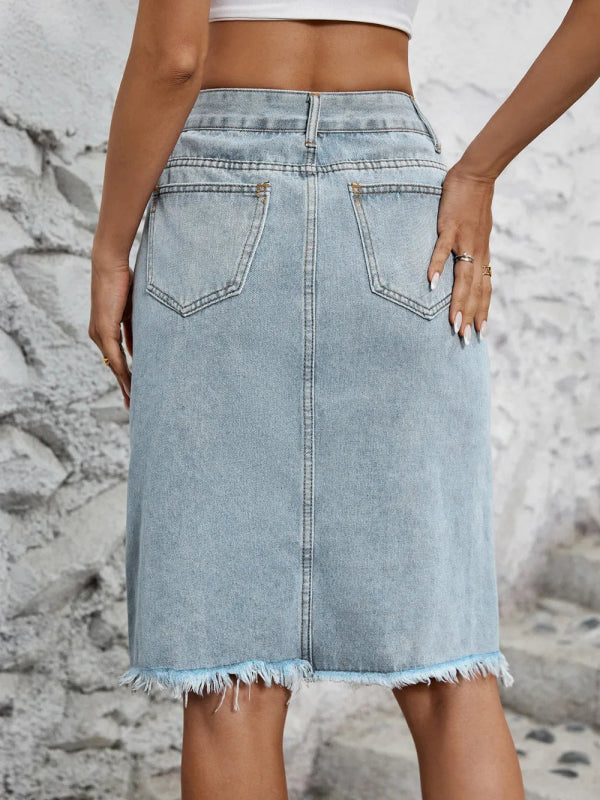 Women’s Distressed Raw Hem Jean Skirt - ShalayeFashion