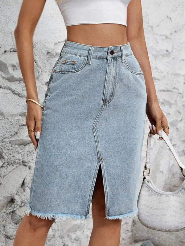 Women’s Distressed Raw Hem Jean Skirt - ShalayeFashion