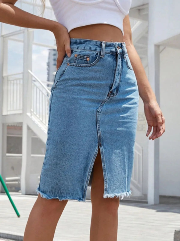 Women’s Distressed Raw Hem Jean Skirt - ShalayeFashion
