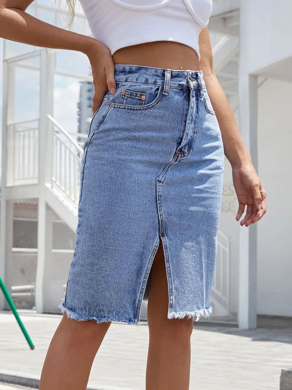 Women’s Distressed Raw Hem Jean Skirt - ShalayeFashion