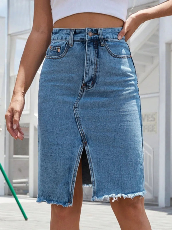 Women’s Distressed Raw Hem Jean Skirt - ShalayeFashion