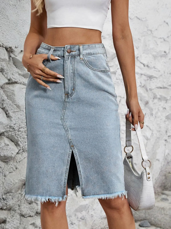 Women’s Distressed Raw Hem Jean Skirt - ShalayeFashion