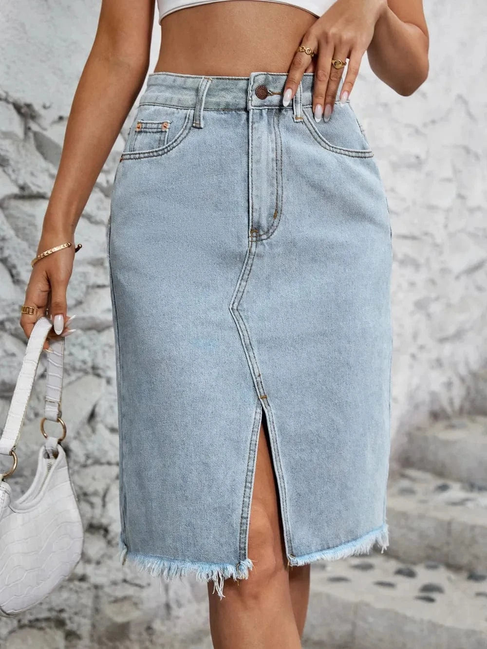 Women’s Distressed Raw Hem Jean Skirt - ShalayeFashion