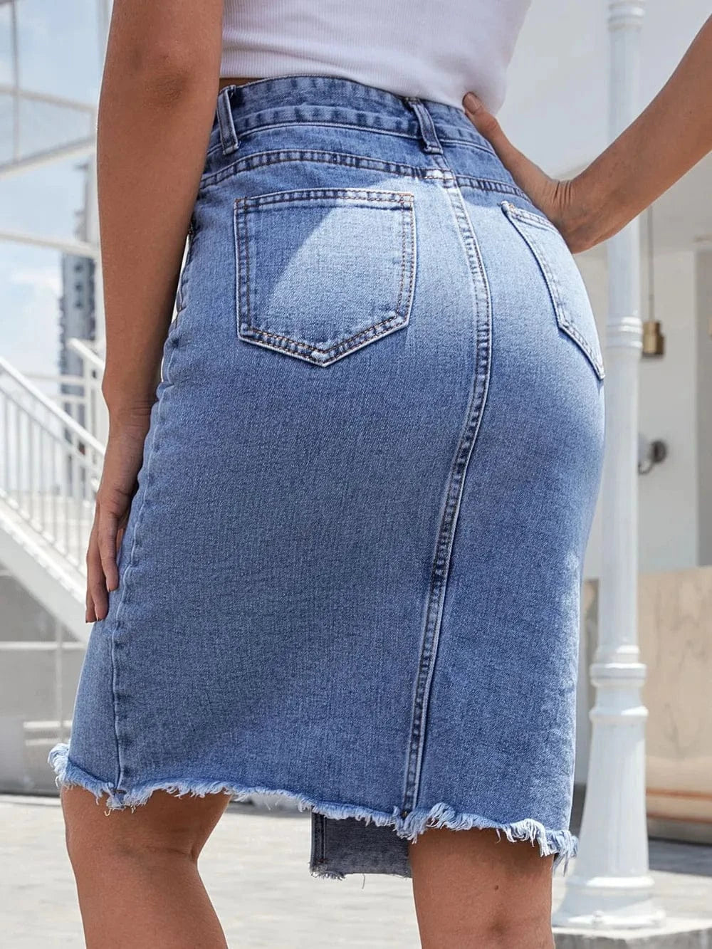 Women’s Distressed Raw Hem Jean Skirt - ShalayeFashion