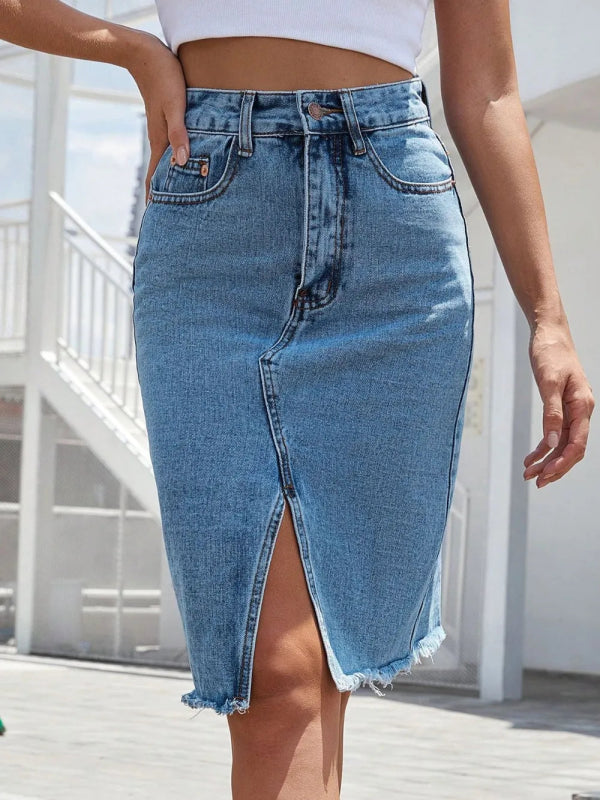 Women’s Distressed Raw Hem Jean Skirt - ShalayeFashion