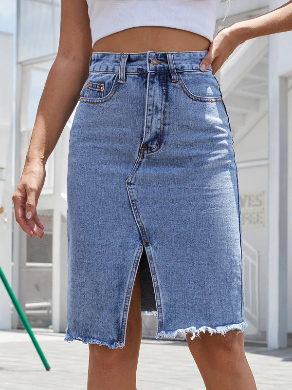Women’s Distressed Raw Hem Jean Skirt - ShalayeFashion