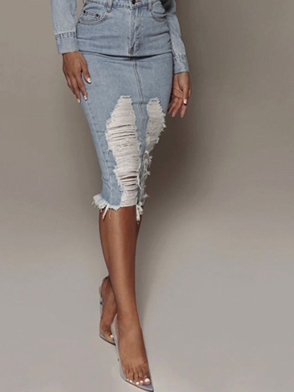 Women’s Distressed Slit Denim Skirt - ShalayeFashion