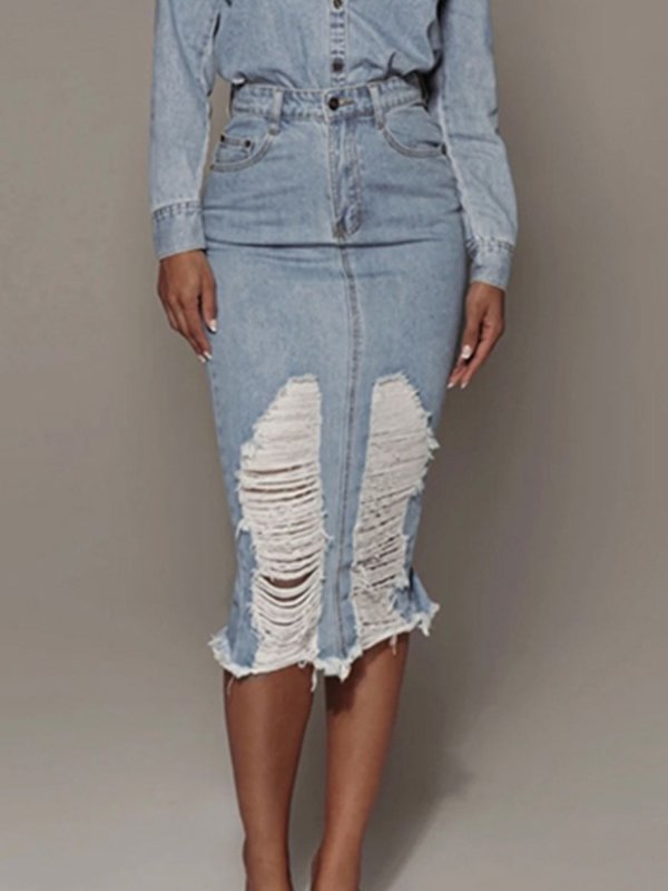 Women’s Distressed Slit Denim Skirt - ShalayeFashion