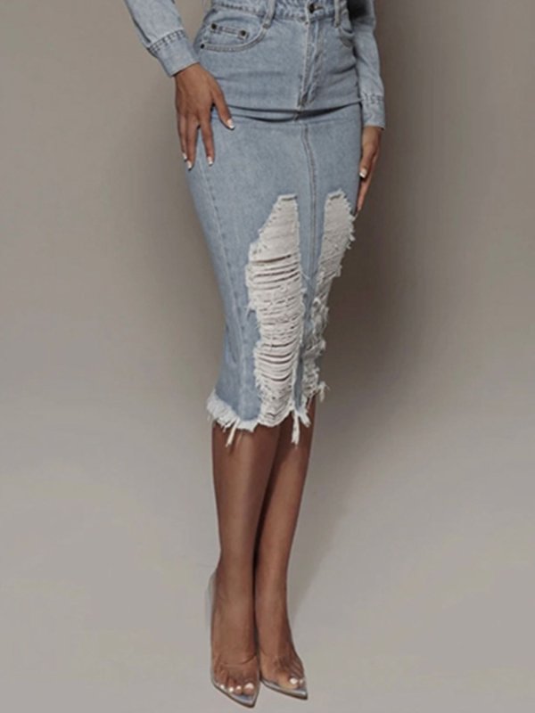 Women’s Distressed Slit Denim Skirt - ShalayeFashion