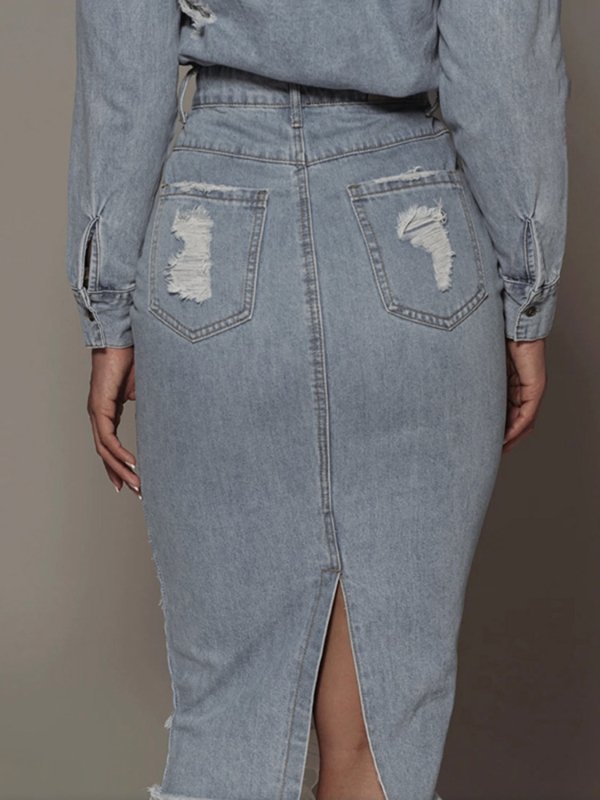 Women’s Distressed Slit Denim Skirt - ShalayeFashion